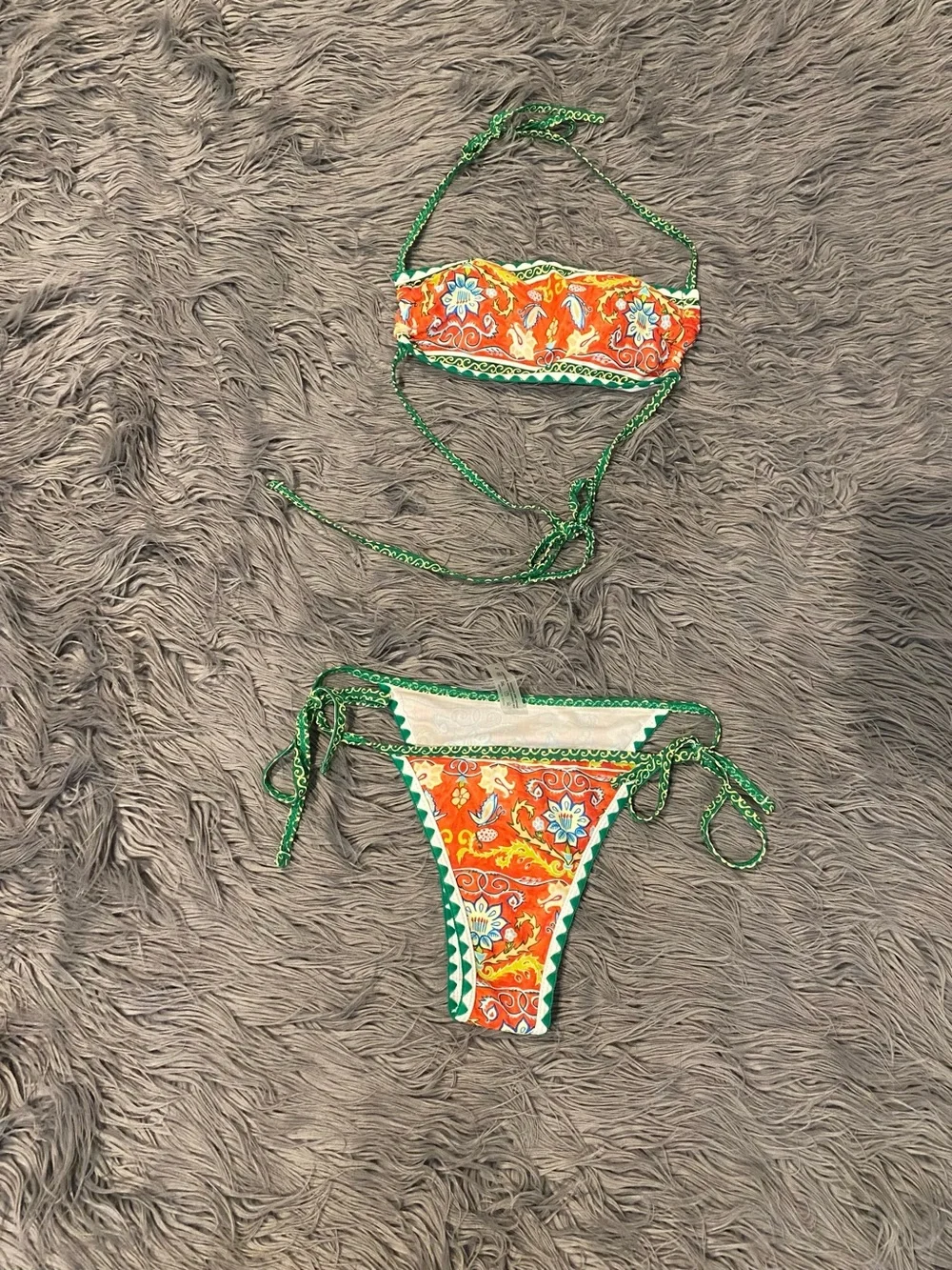 Girls' Orange Floral Tie-Side Bikini with Green Trim (S)
